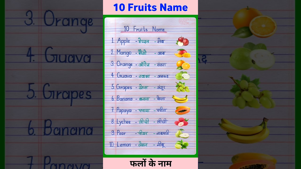 10 Fruits Name in english and hindi | Fruits Name | Falon ke naam | #shorts #fruitsname #falonkenaam