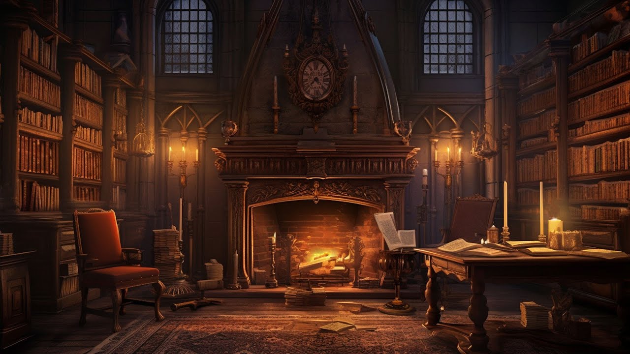 OLD LIBRARY ATMOSPHERE: music and crackling fire sounds | Music fantasy & Ambience