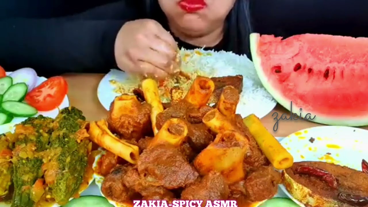 ASMR:Bttergourd Dopiaza+Spicy Mutton+Spicy Fish+Melon||ZAKIA-SPICY ASMR