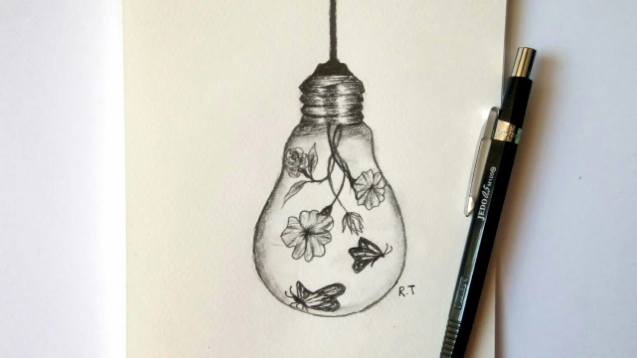 رسم سهل | رسم مصباح. بداخله زهور وفراشات جميله بالقلم الرصاص فقط 🌸🍁
