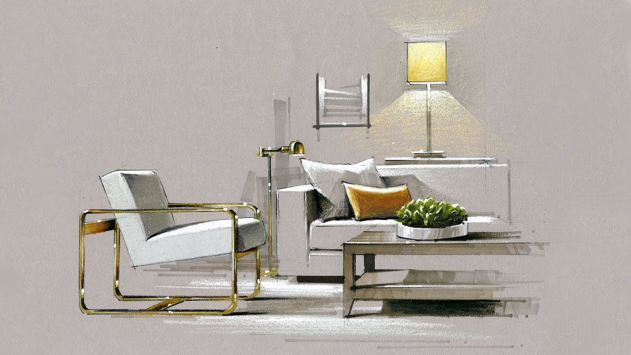 Hand Rendering, Interior, 190109 RH Living Room