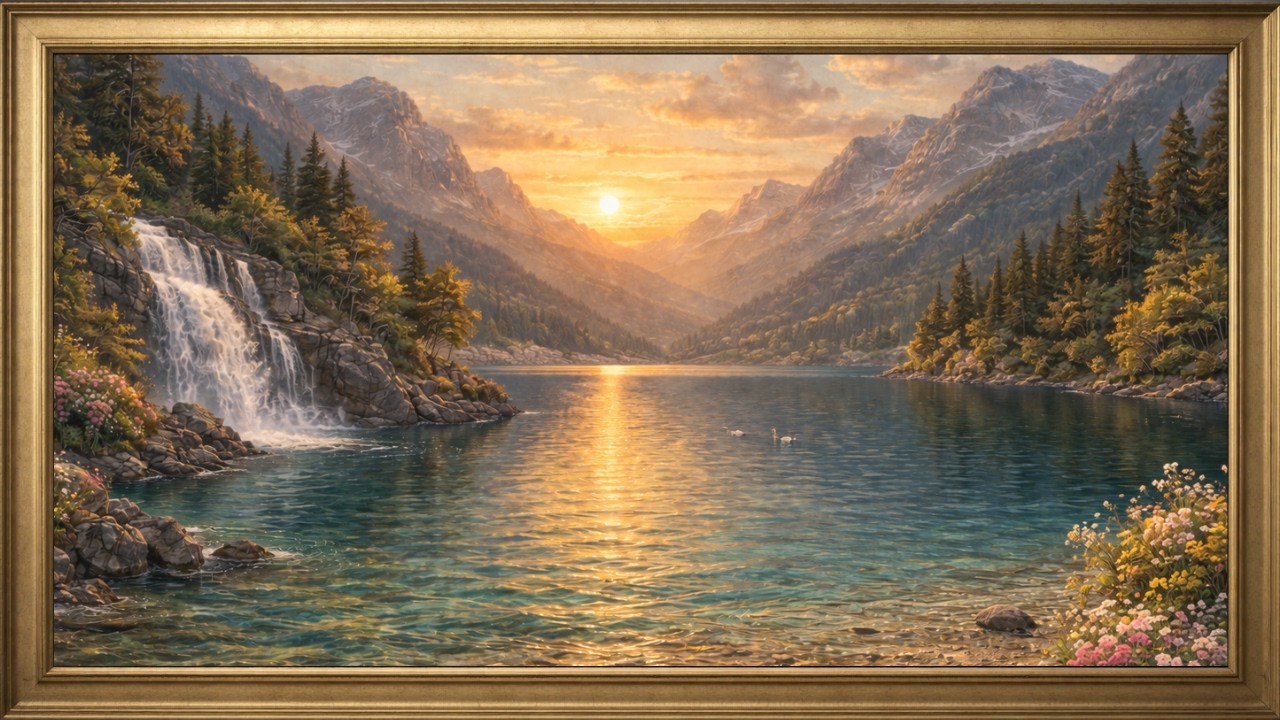 4K TV Frame Art: Mountain Lake Waterfall Sunset | 3 Hours Scenic Frame Art