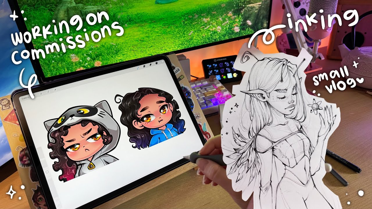 A DAY WITH A FULL TIME ARTIST ★✨ inking a pencil sketch & working on commissions ✎🎨