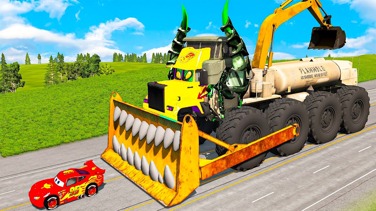Giant CRUSHER DOZER Mack Truck Eater VS Cars Lightning McQueen Escape Monster Beamng Drive