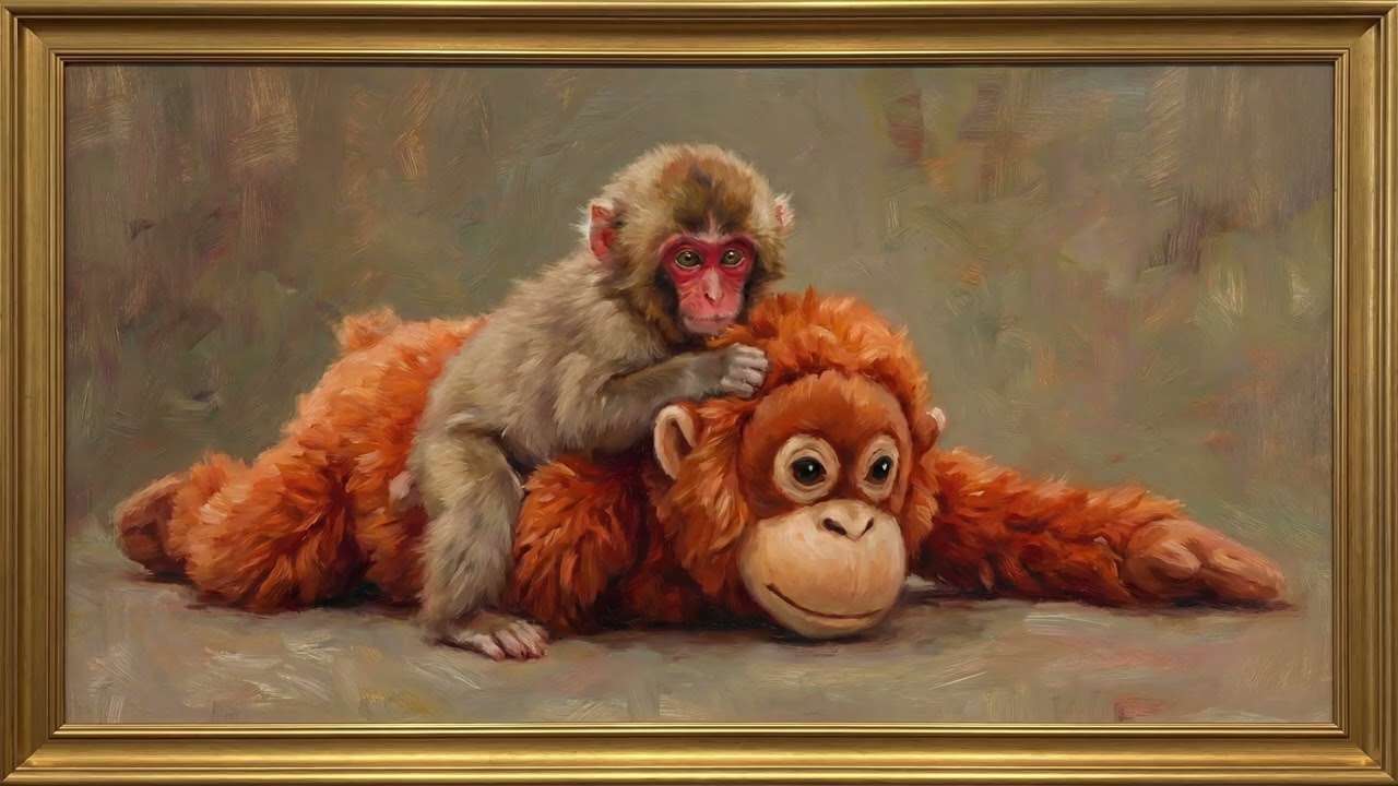 TV Framed ART 4K | Cute baby monkey Punch cuddles his Orangutan Plush Toy! パンチくん