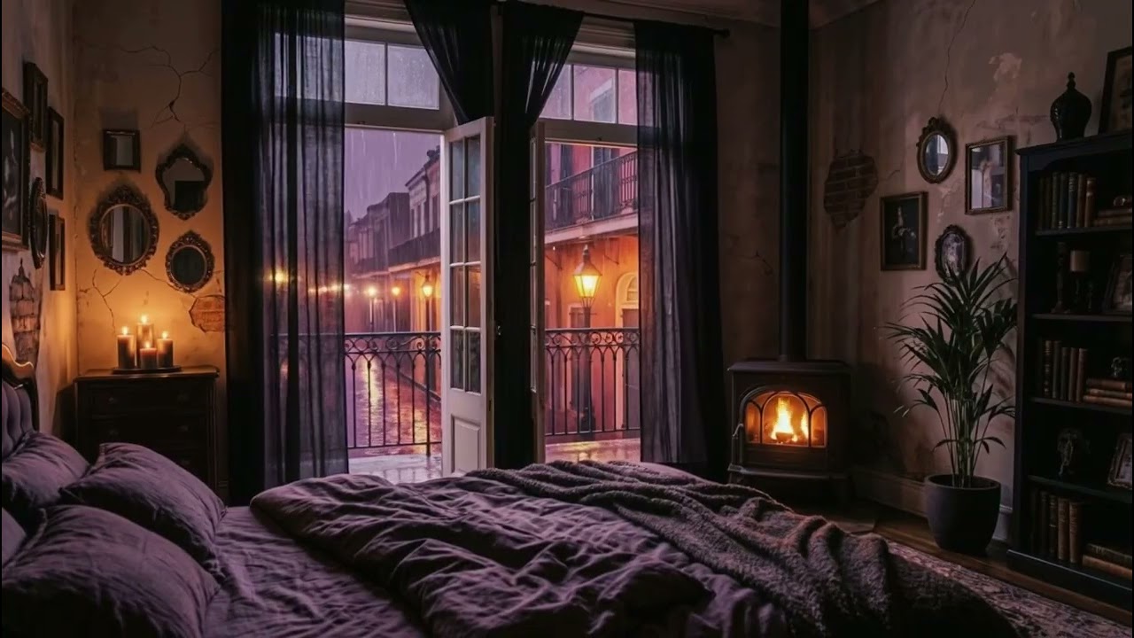 Cozy Nighttime French Quarter in Bed | Rain, Thunder & Fireplace Ambience | Deep Sleep (8 Hours)
