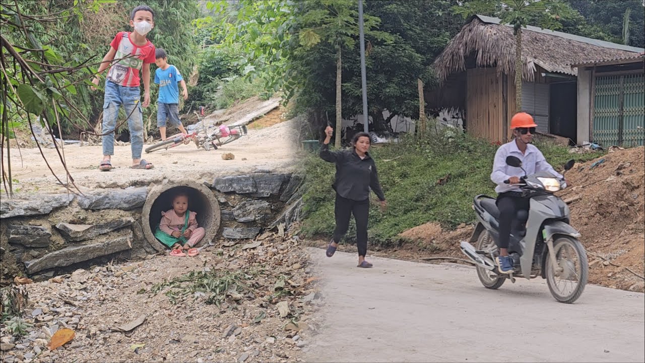The two boys chased after the girl and she ran down the drain to hide, the mother followed the man.