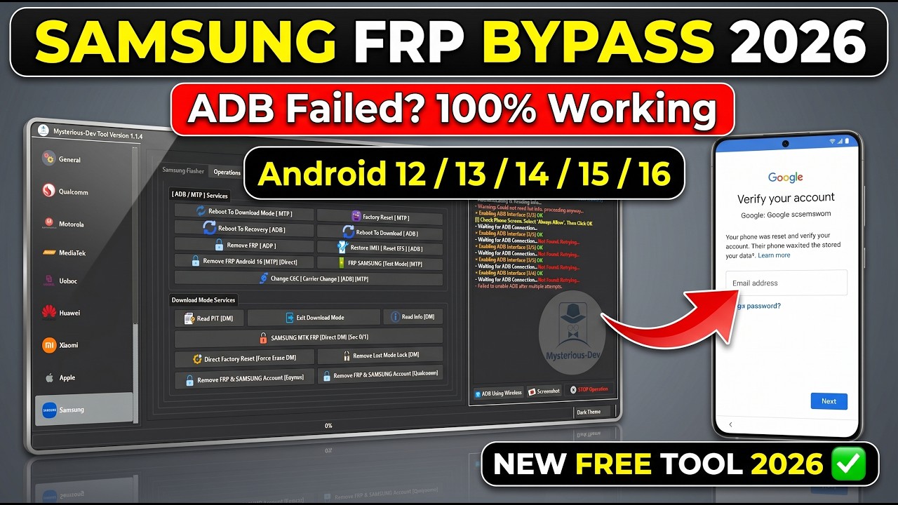 Samsung FRP Bypass 2026, ADB Failed Fix | Free Tool | Android 12/13/14/15/16 | Google Account Bypass