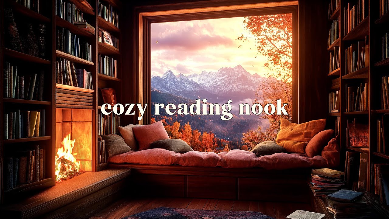 Cozy Reading Nook Ambience with Fireplace & Nature Views