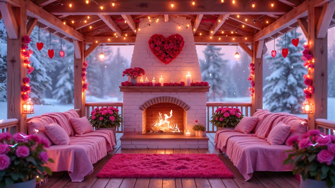 Romantic Snowy Valentine Porch 💕❄️ Soft Piano Music & Warm Fireplace Ambience for Deep Sleep