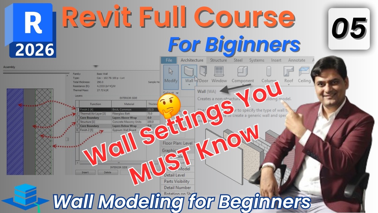 #05 Revit 2026 Tutorial for Beginners: Create Wall Types, Modeling Tools & Complete Wall Settings