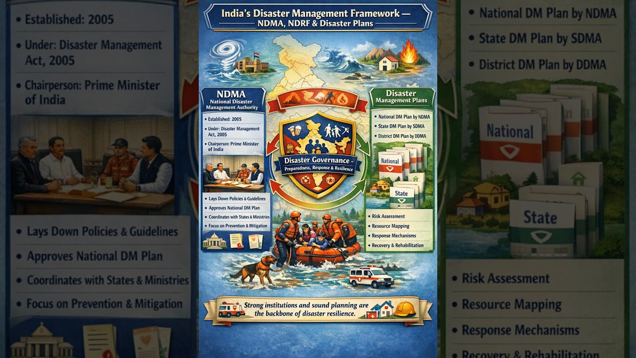 NDMA | NDRF | Disaster Plans | India’s Disaster Framework | UPSC GS3 | 