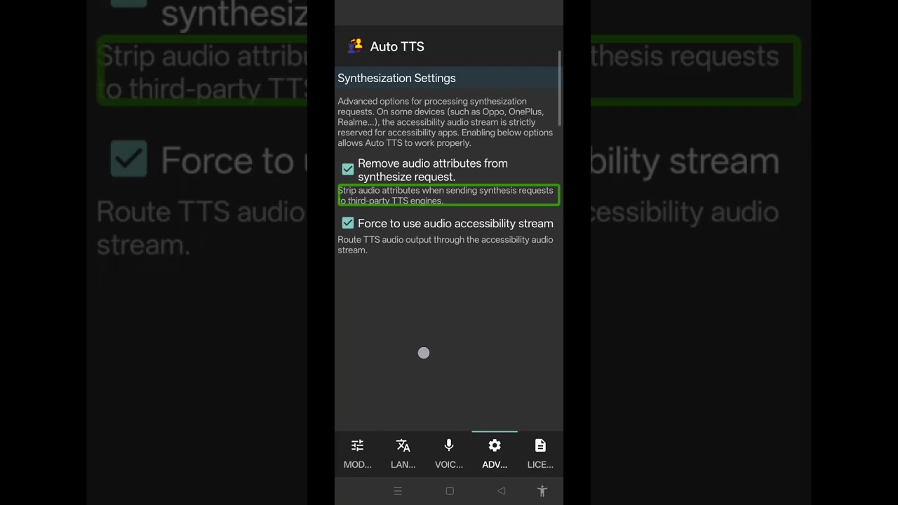 Auto TTS new advance Synthesization setting update Strip audio attributes and accessibility stream