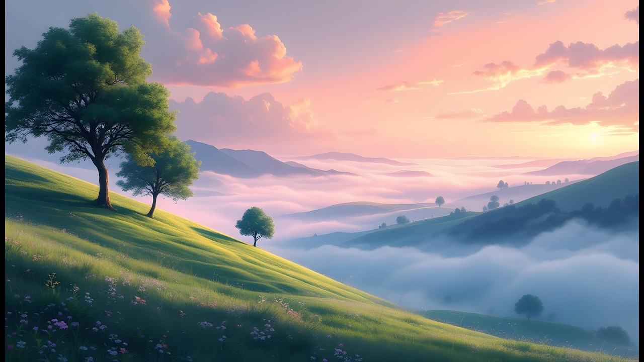 Focus Music • 1 Hour • Calm Acoustic Guitar & Piano • Dawn Misty Hills