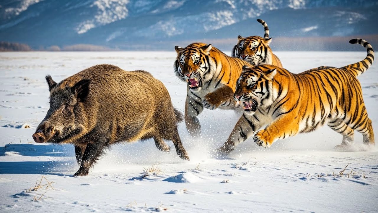 Frozen Fury: Aggressive Tigers Hunting a Wild Boar
