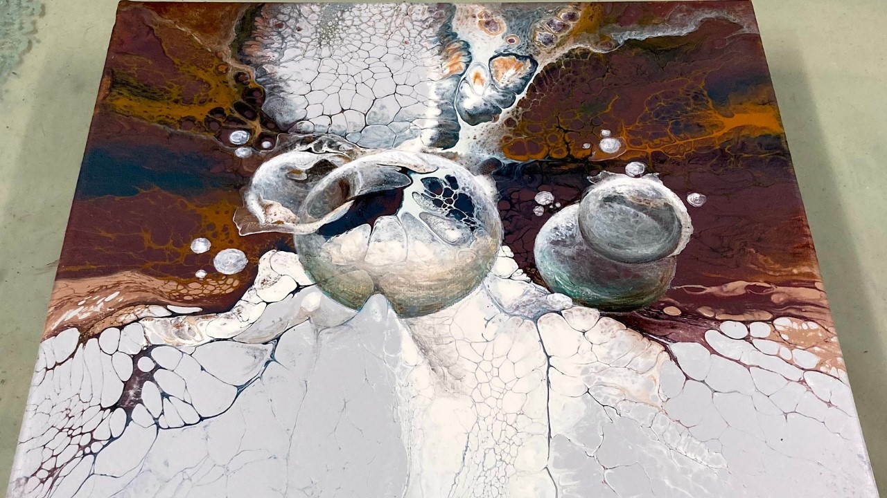 Gorgeous Acrylic Pour with Rings & Pearl Cells, No Silicone added, Abstract Painting, Fluid Painting