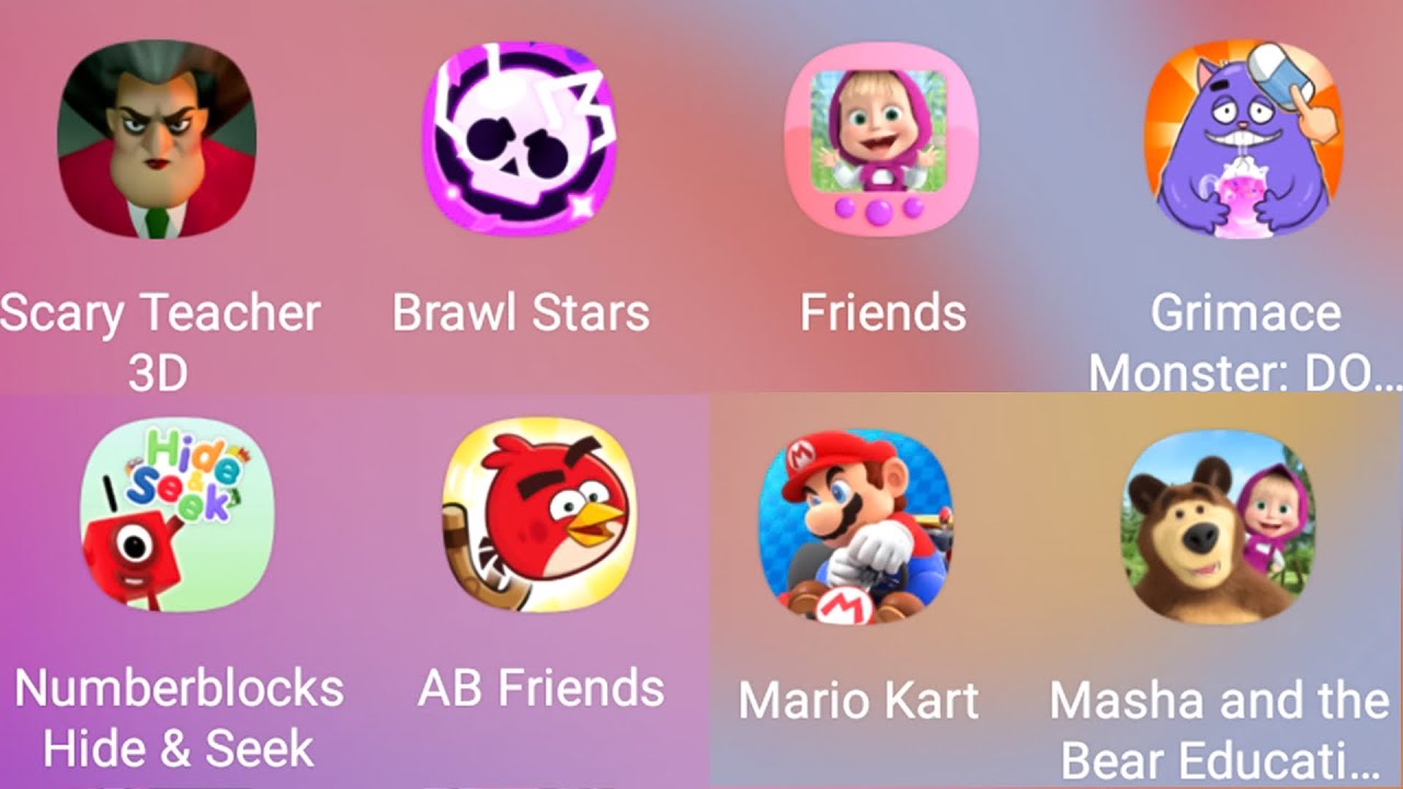 Masha and Bear Friends, Numberblocks, AB Friends, Mario Kart, Brawl Stars, Scary Teacher 3d, Grimace