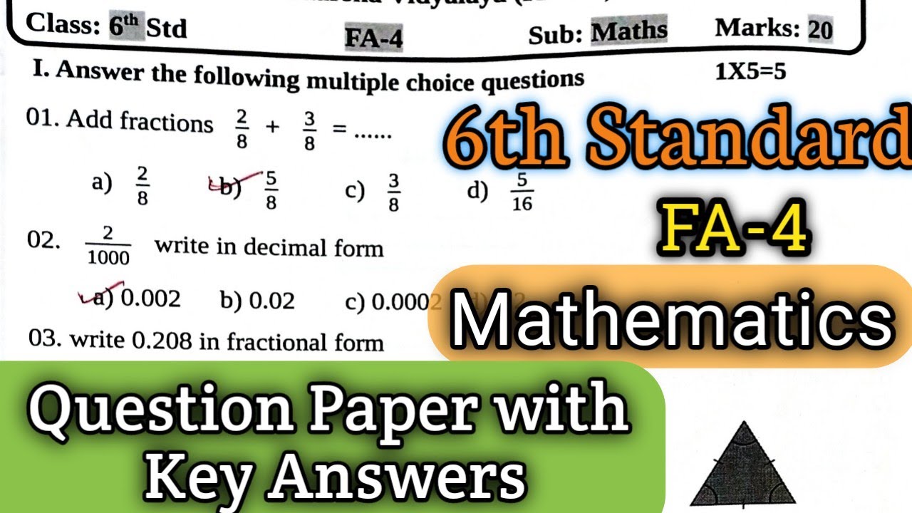6th Standard | FA-4 | Mathematics | Question Paper with Key Answers | English Medium #mathematics