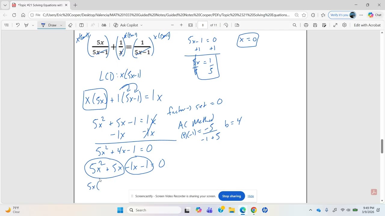 Topic #21: Solving Equations with Rational Expressions