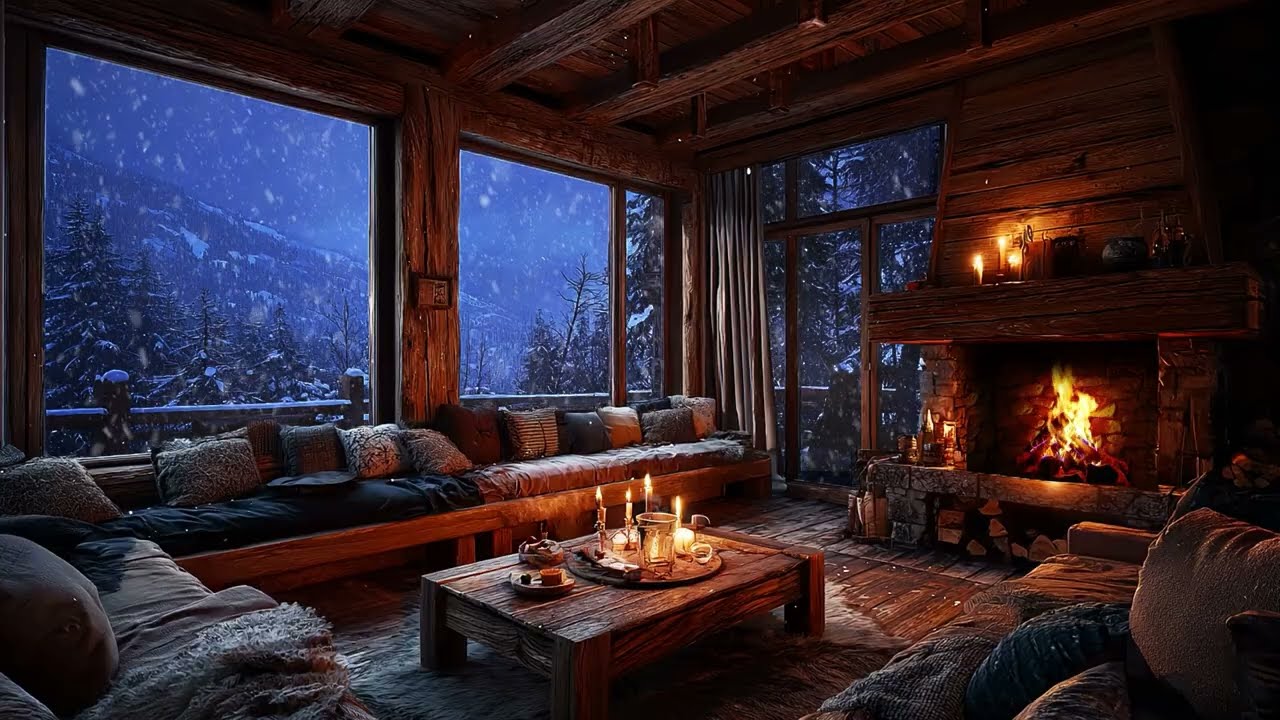 Warm Wooden Cabin Fireplace 🔥 | Snowy Forest Night Ambience for Deep Sleep (NO ADS)