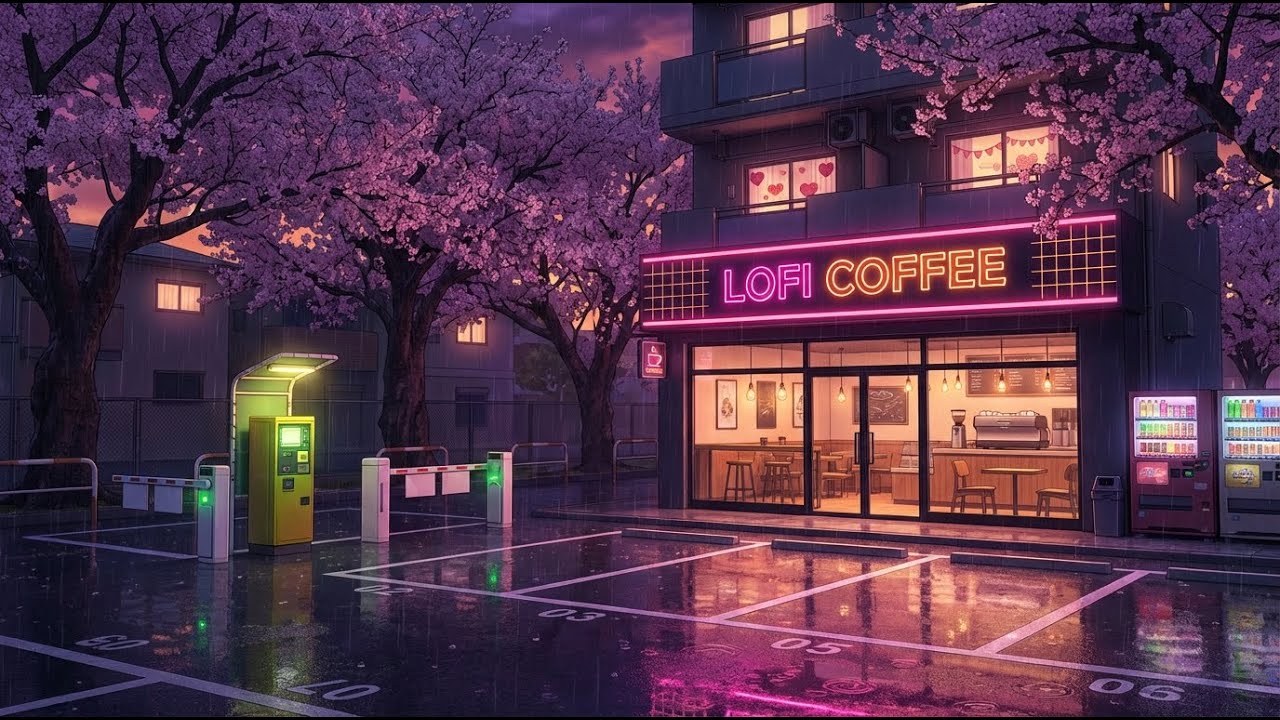 🌧️ Soft Valentine Rain Lofi Study Music 📚 Neon Sakura Riverside Lamp Coffee ☕💗