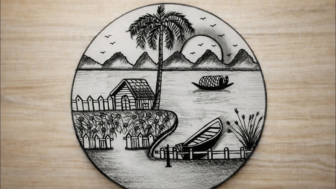 Peaceful Riverside Village Drawing