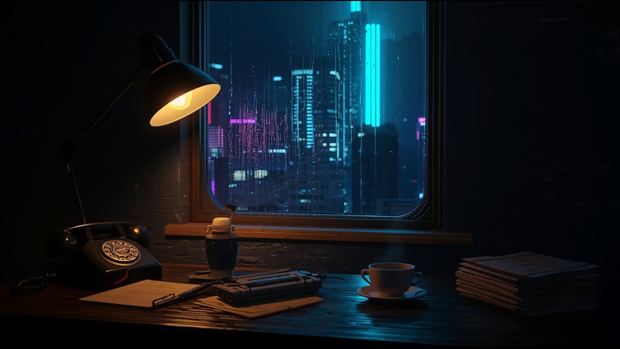 8 Hours - Rainy Cyberpunk Detective Office | Neon City, Rain & Lo-fi Jazz Ambience for Focus
