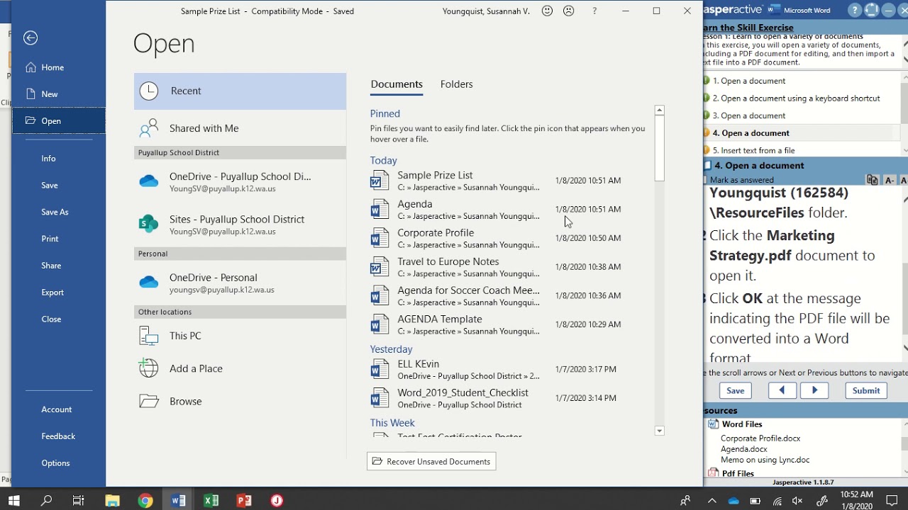 Jasperactive Word 2019 Lesson 1: Opening a Document