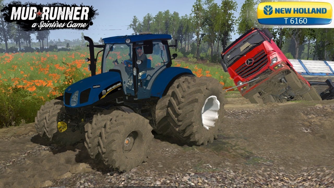 Spintires: MudRunner - NEW HOLLAND T 6160 Tractor Pulls a Semi Truck out of a Ditch