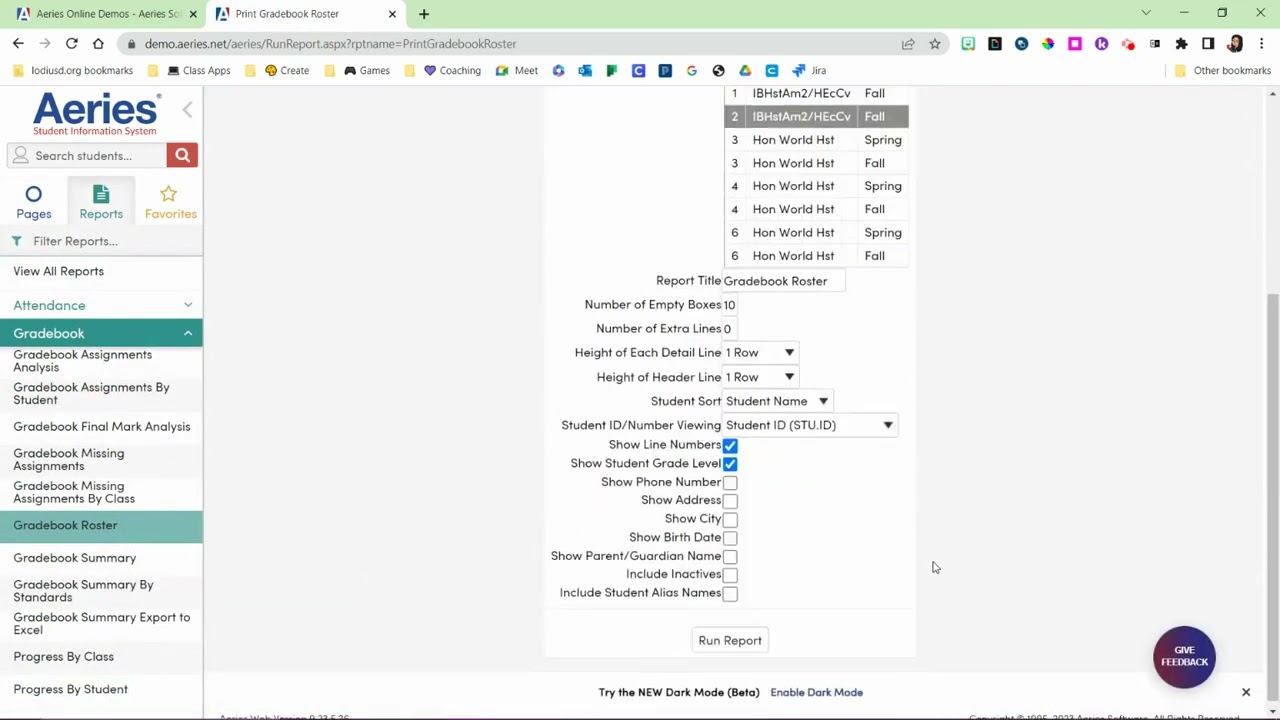 Aeries Print Class Roster  (Gradebook and Attendance)