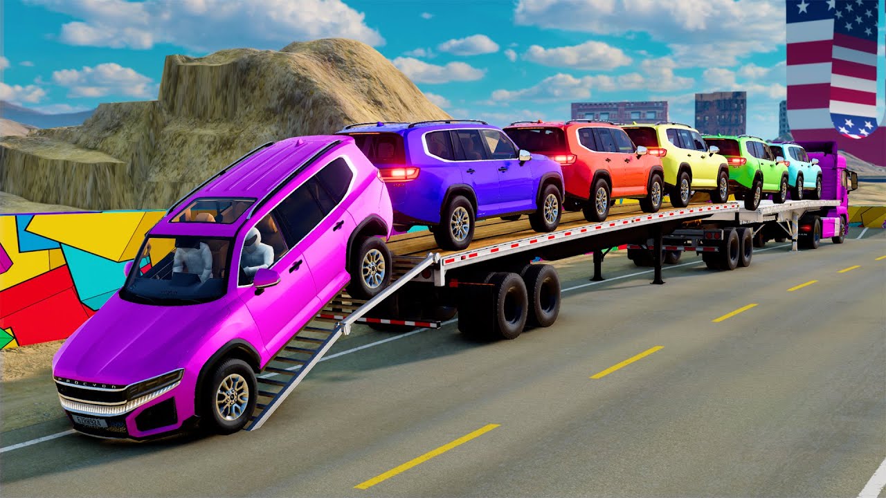 Double Flatbed Trailer Truck cars vs rails tractor vs train cars vs bollards Beamng Drive #13