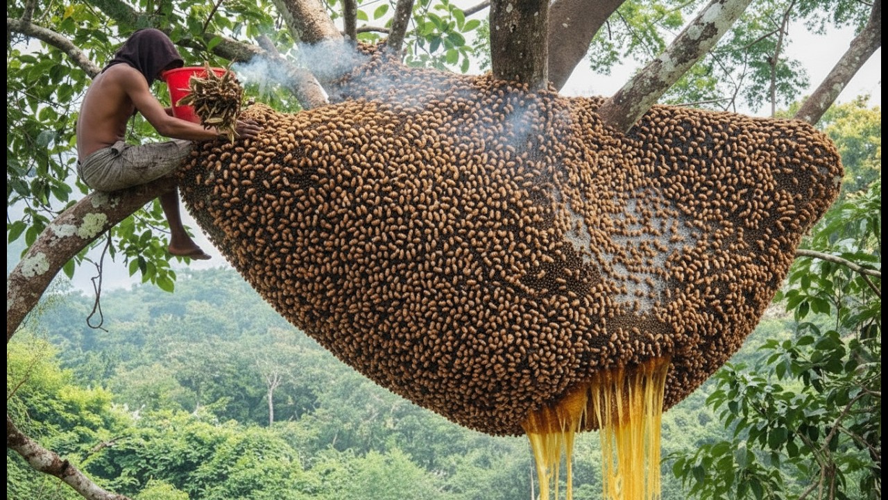 A Risky Wild Honey Hunt  Climbing Straight into a Giant Beehive with Only Simple Protection 🐝🌳