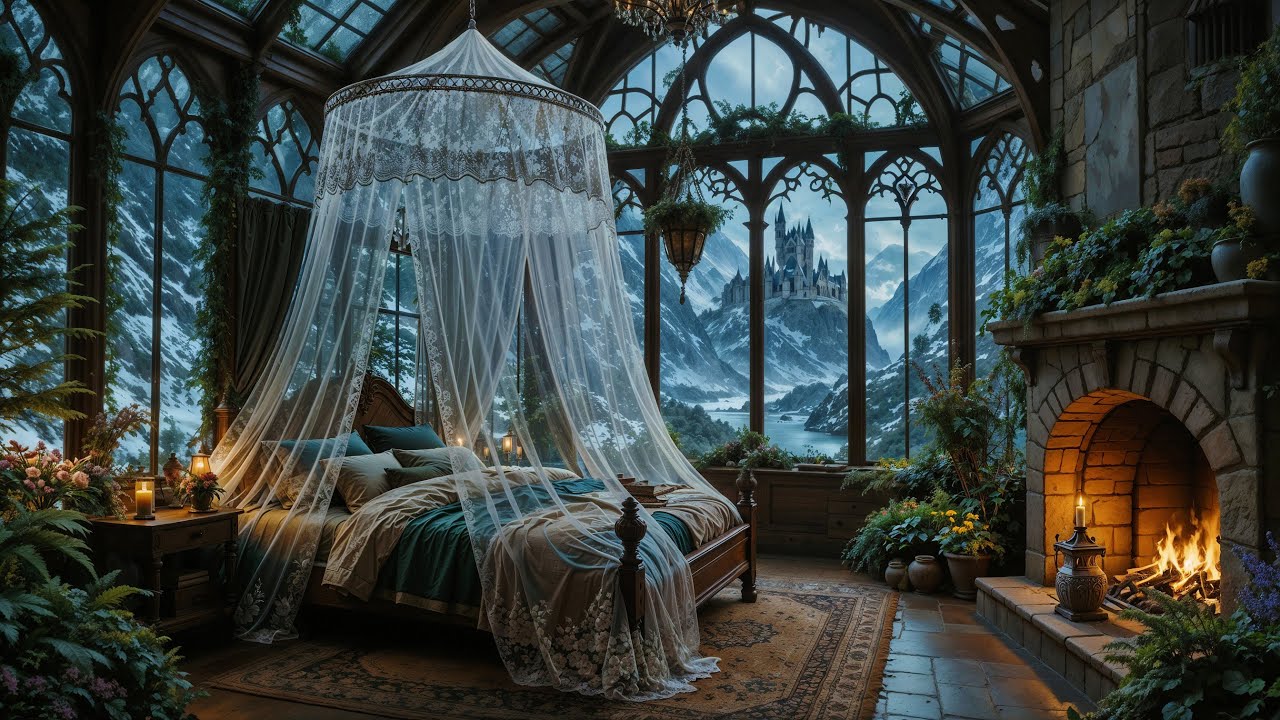Enchanted Snowy Conservatory Bedroom in Castle ❄️🏰 Celtic Tunes & Fireplace Crackle for Sleep, Study