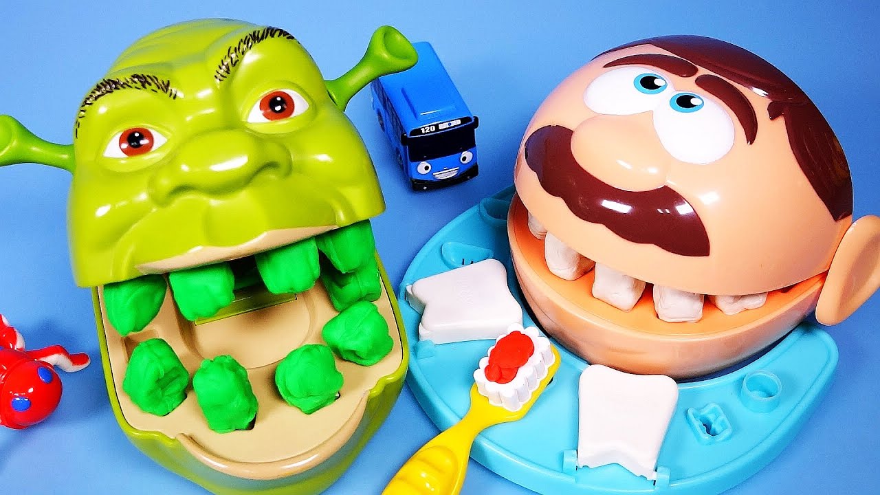 Play Doh Shrek and Doctor Drill 'N Fill Rotten Root Canal Playdough Dentist with Tayo the little bus