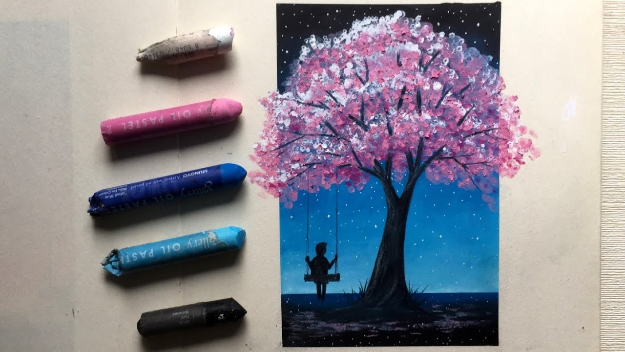 Easy Oil Pastel Drawing / Chillin under Cherry blossom tree