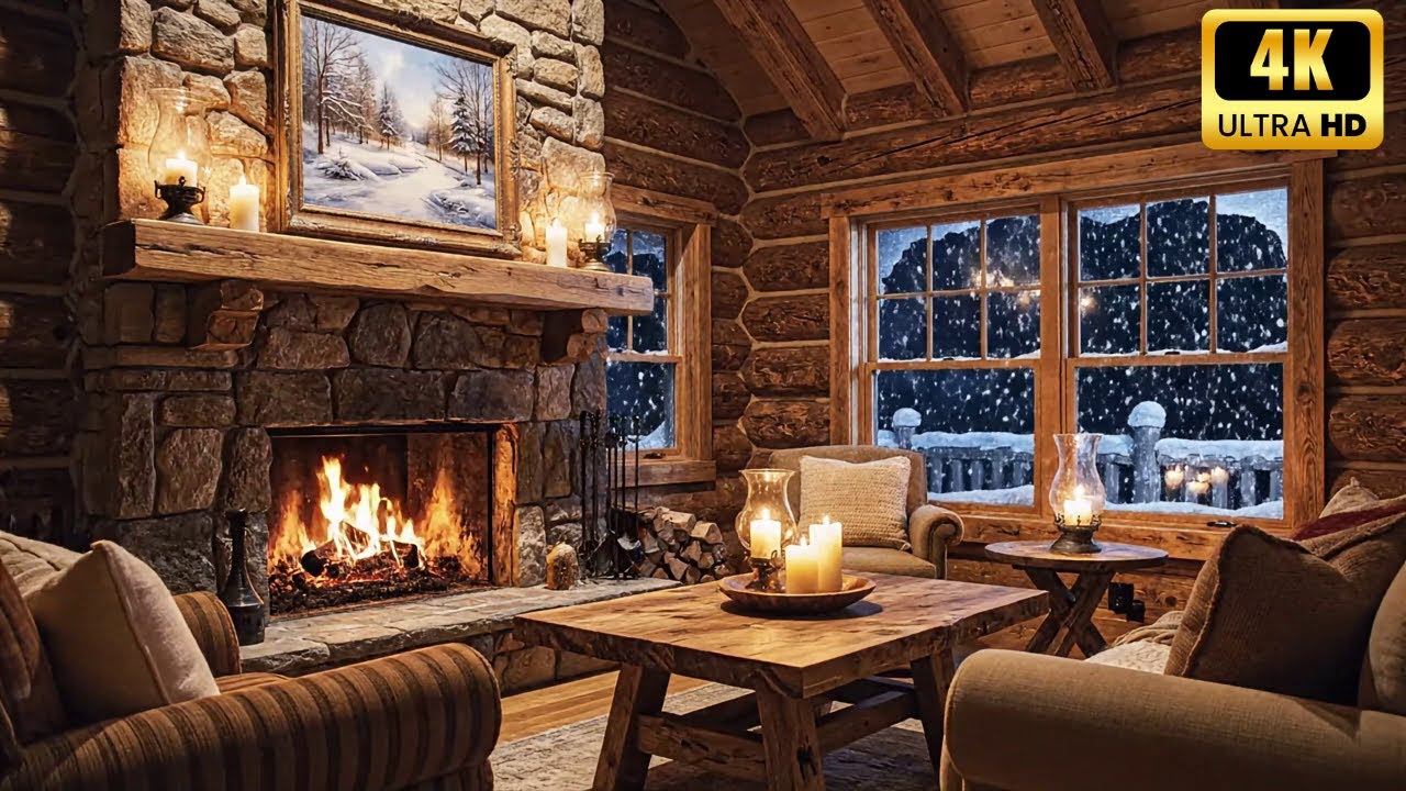 4K Cozy Cabin 🎷❄️ Fireplace, Snowfall & Smooth Jazz for Sleep, Study & Relaxation