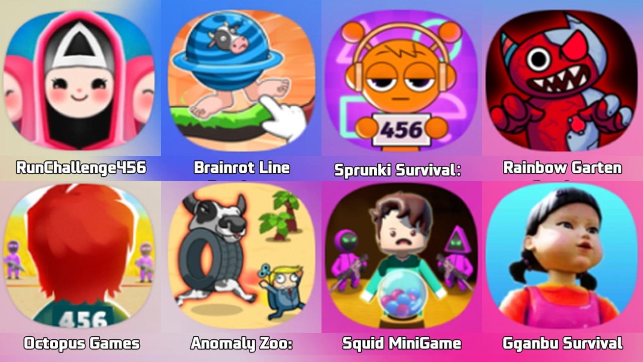 Brainrot Line Breakout, Run Challenge 456, Sprunki Survival, 456 Squid Game, Octopus Game
