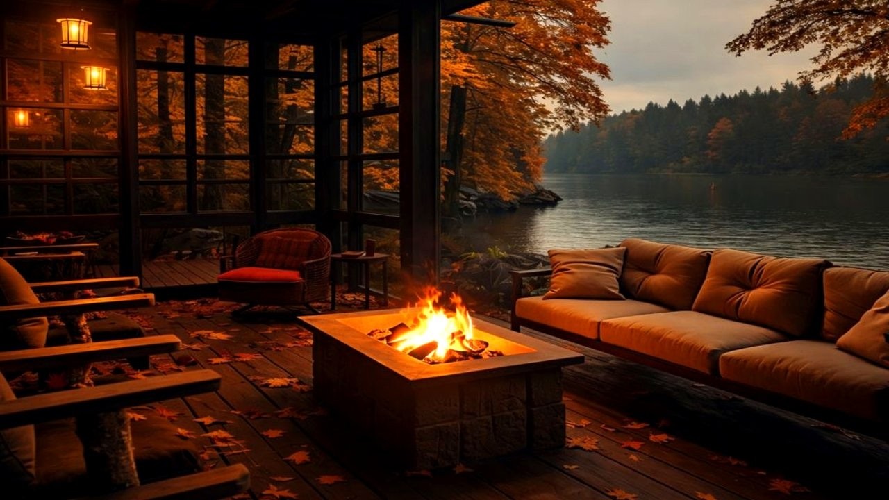 Lakeside Fire Deck Ambience 🔥🌊 | 4 Hours of Cozy Fire Sounds for Deep Sleep