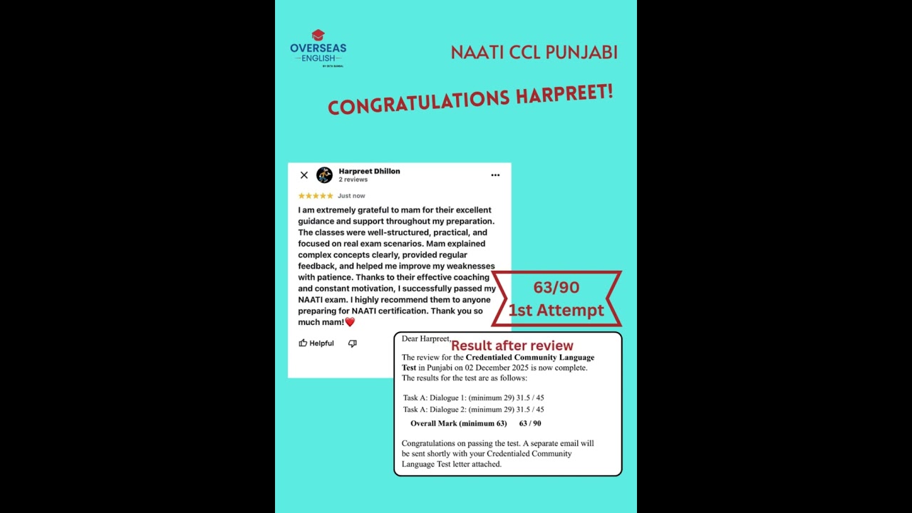Congratulations  "Harpreet"  Brilliant 63/90 - Naati CCL Punjabi  - 