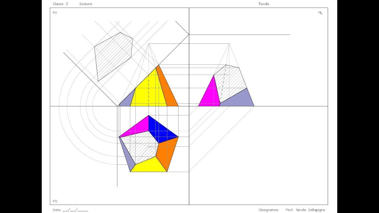 #TecnoTeach Proiezioni ortogonali piramide pentagonale sezionata 45° e disegno vera sezione
