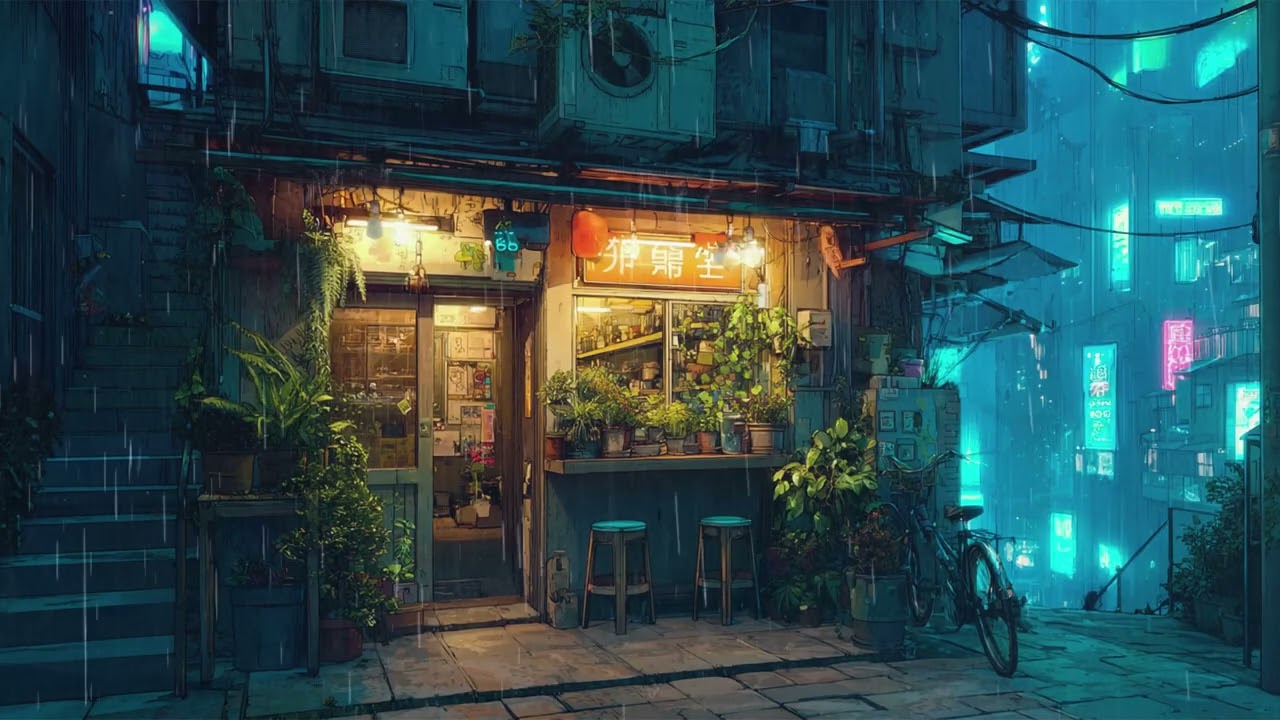 Heavy Rain on Neon Cyberpunk City Balcony at Night | Deep Sleep and Study Vibes | 4K