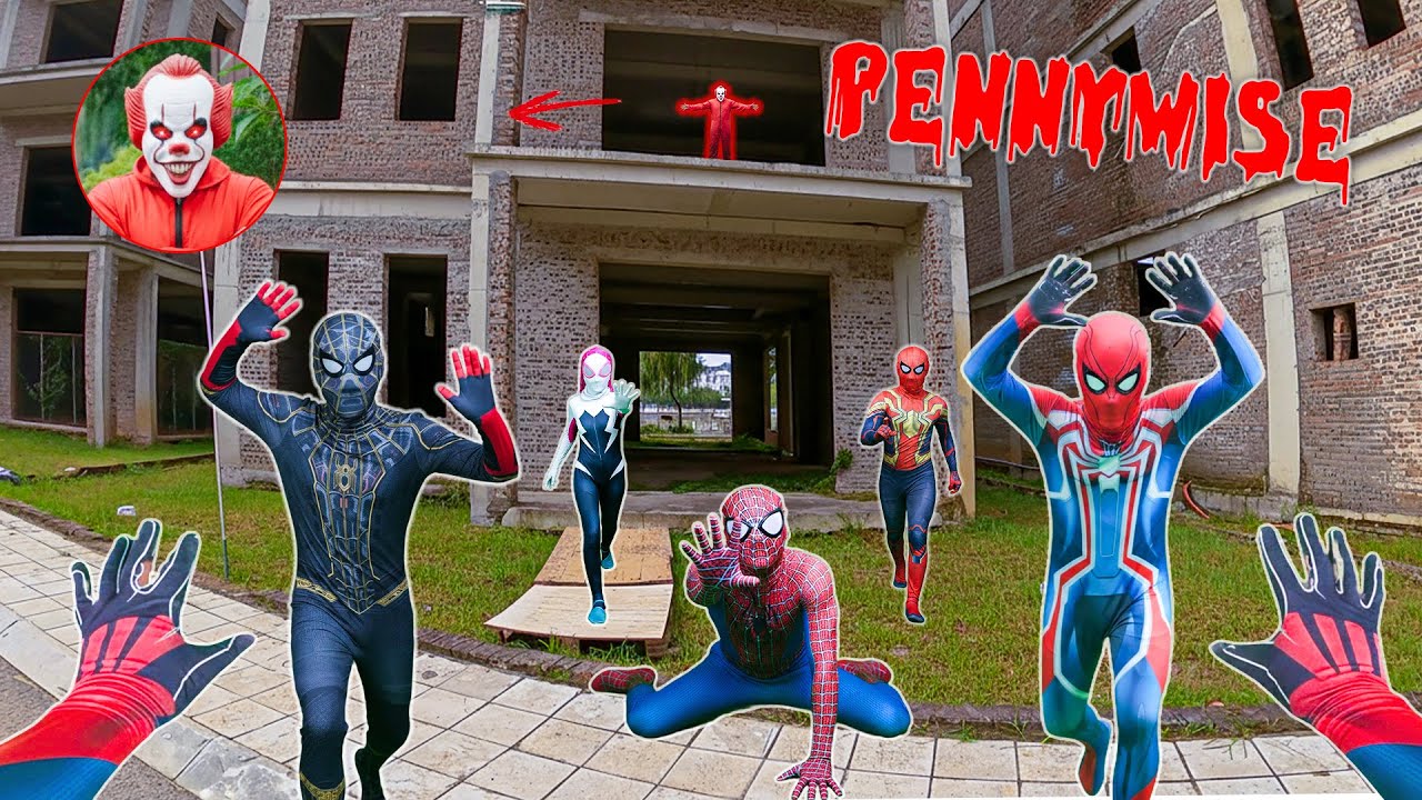 😱 5 Spider-Men Encounter PENNYWISE in the Abandoned Building! (POV Action Story)