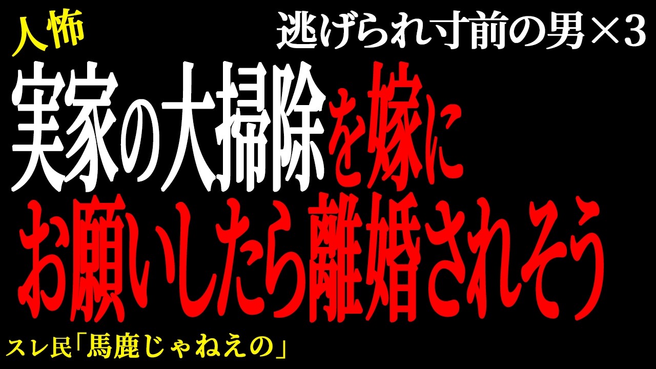 【2chヒトコワ】実家の大掃除を嫁にお願いしたら離婚されそう。（逃げられ男69）未解決まとめ【人怖】