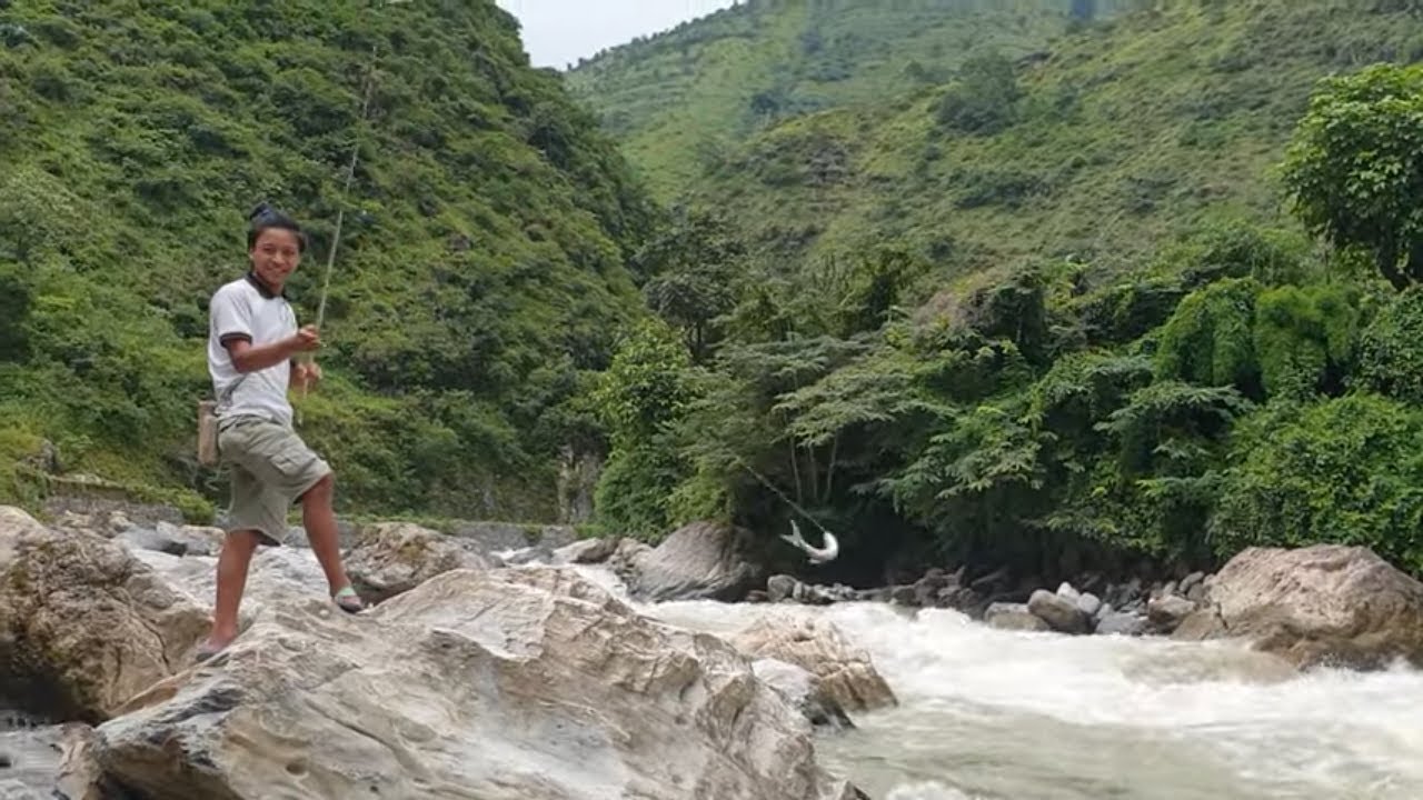 ANGLING FISHING IN NEPAL IN MONSOON RIVER | HOOK AND ROD FISHING | ASALA FISHING | HIMALAYAN TROUT |