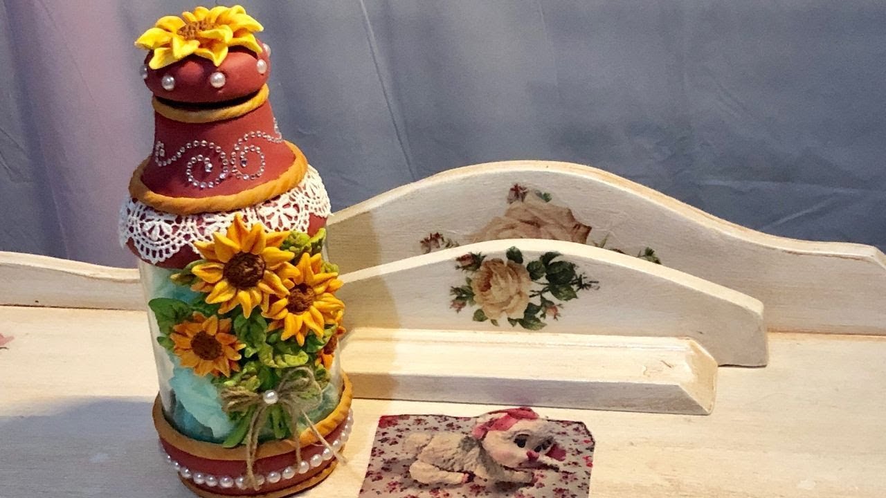 Frasco decorado con girasoles/ How to decorate a cold porcelain pot