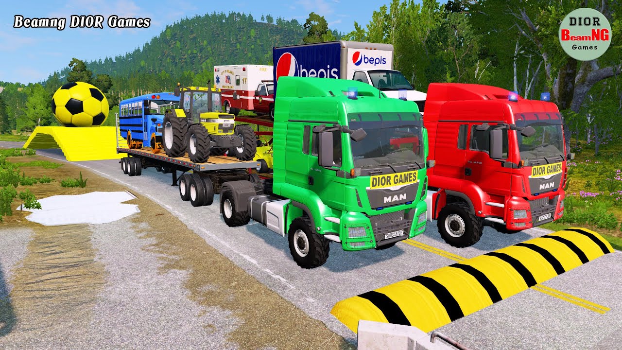 Double Flatbed Trailer Truck vs speed bumps|Busses vs speed bumps|Beamng Drive|461