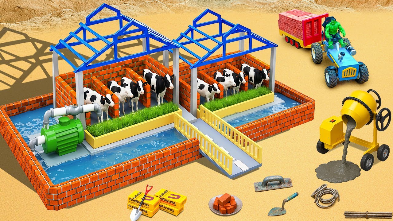 Godzilla Destroys Cow Barn - DIY Mini Tractor Builds a Strong Brick Cow Barn with Separate Stalls