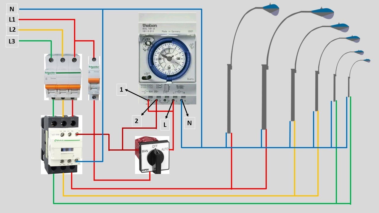 Turn on the street lights using the timer and selector switch | timer