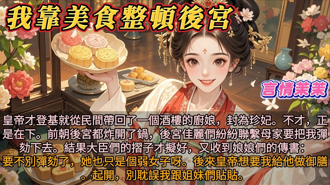 《我靠美食整頓後宮》皇帝才登基就帶回一個酒樓廚娘，封為珍妃。不才正是在下。前朝後宮炸開鍋，後宮佳麗們紛紛聯繫母家要把我彈劾下去。結果大臣們的摺子才擬好又收到娘娘們的傳書：要不別彈劾了她也只是個弱女子呀