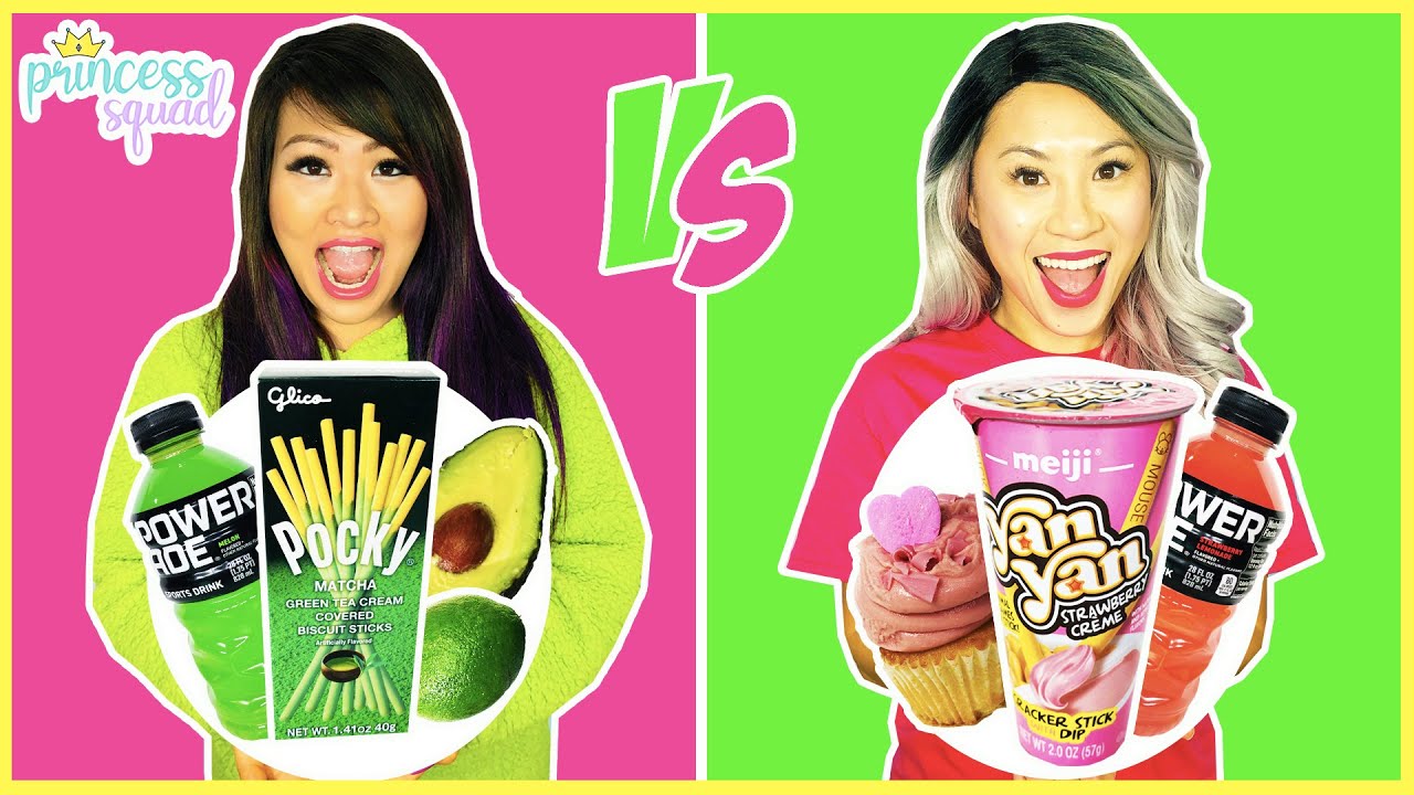 Eating Green Vs Pink Food For 24 hours challenge! Eating one color food challenge!